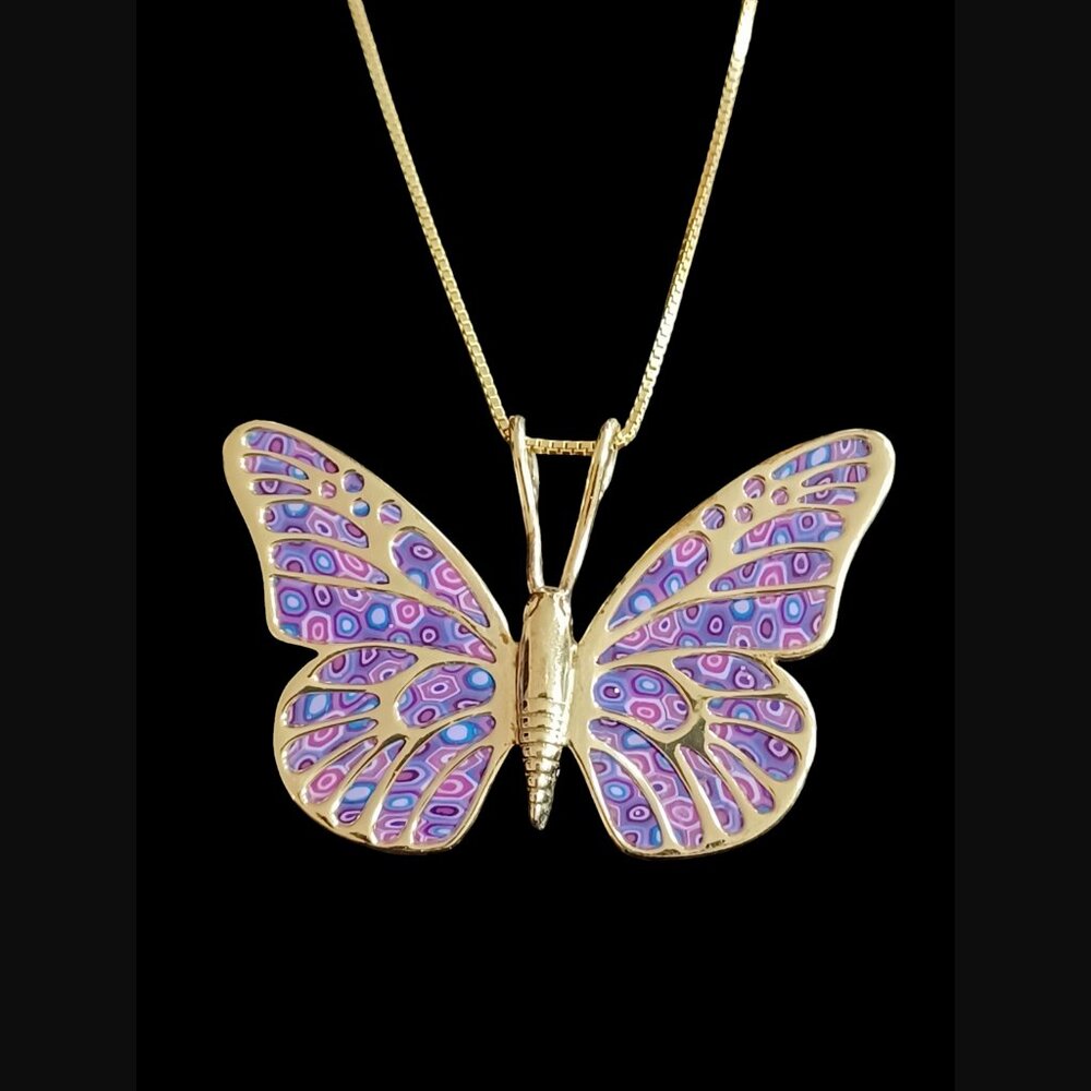 Adina Plastelina 925 Silver Yellow Gold Vermeil Purple Millefiori 1" Pendant